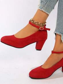 女士绒面玛丽珍鞋，系带粗跟圆头一脚蹬乐福鞋，度假风格