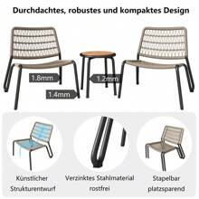 Bistroset 3-tlg. Balkonmöbel-Set aus verzinktem Stahl, handgeflochtenes Seil, Tischplatte aus Massivholz, Stühle mit einer Tragkraft von 160 kg, geeignet für Terrasse, Garten und Balkon, Beige