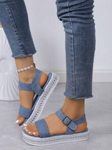 2025 Spring/Summer Wedge Sole Open Toe Strap Casual Outdoor Ladies' Thick Bottom Sandals - Blue - View 4
