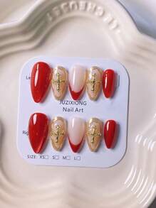 10 piezas de uñas postizas hechas a mano con diseño de uña de gato roja, rayas láser doradas, diseños de cruces, elegante y minimalista, aptas para la vida de oficina