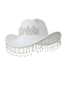 1 件时尚女士平顶丝带帽檐帽子，时尚珍珠和字母装饰，涤纶材料，流苏和水钻腰带，男女通用，适合舞台表演、派对、聚会 - 彩色 - 查看 2