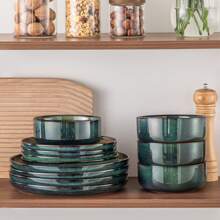 vancasso 12 Pieces Kitchen Dinnerware Set, Green Set, Stoneware Dinnerware, Plate And Bowl Set For 4 Person, Round Plate With Vertical Edge, Reactive Glazed - màu xanh lá - Xem 7