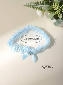 Đai garter ren xanh thanh lịch có nơ và trang trí hình trái tim bằng đá giả - Phụ kiện chân cô dâu cho mùa cưới - Xanh đậm - Xem 5