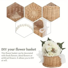 1 pièce Panier de fleur de demoiselle d'honneur en rotin fait main, panier de mariage avec poignée en perles et nœud en ruban. Parfait pour les mariages, Pâques et cadeaux de fête