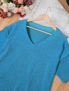 Plus Size Simple Elegant V-Neck Long Knit Sweater, Spring/Summer - Teal Blue - View 2
