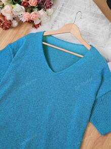 Plus Size Simple Elegant V-Neck Long Knit Sweater, Spring/Summer