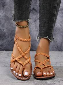 女士编织平底凉鞋，黑色、棕色、米色、咖啡色露趾人字拖，纯色防滑拖鞋，适合室内和室外使用