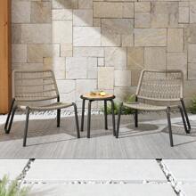 Bistroset 3-tlg. Balkonmöbel-Set aus verzinktem Stahl, handgeflochtenes Seil, Tischplatte aus Massivholz, Stühle mit einer Tragkraft von 160 kg, geeignet für Terrasse, Garten und Balkon, Beige