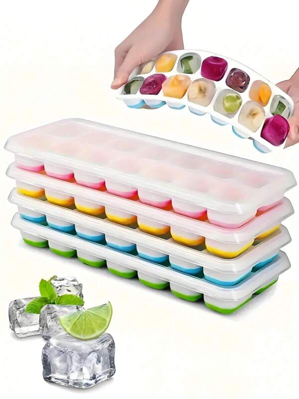 1/4 pièces Moules à glaçons en silicone, accessoires de cuisine, moules à glaçons en silicone flexibles à 14 cavités avec couvercle amovible anti-déversement, pour cocktails, réfrigérateur, plateaux à glaçons empilables, accessoires de cuisine d'été