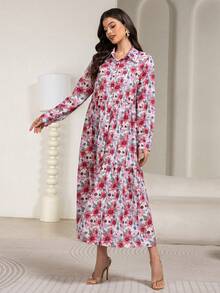 Vestido largo de manga larga con cuello, estampado, parches y botones para mujer, modesto - Rojo - Ver 5