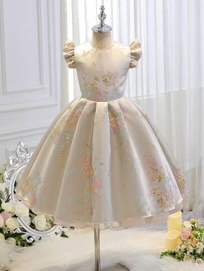 优雅少女金线刺绣花卉印花锦缎鸡尾酒礼服，适合舞会、婚礼、晚会、生日活动