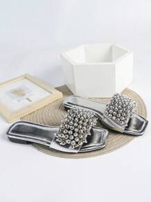 Sandalias de mujer hechas a mano con cuentas, cómodas para interiores y exteriores - Plateado - Ver 3