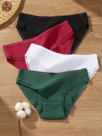 4 st. kvinnors flerfärgade spetslappmönster, andningsbara, bekväma bikinitrosor