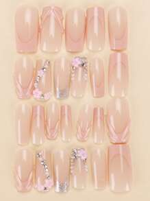 Bộ 24 miếng dán móng tay giả ép hình quan tài cỡ vừa của Press On Nails, với viền kim cương lấp lánh và họa tiết hoa Pháp ngọt ngào, mát mẻ dành cho nữ. Đầu ngón tay mới và thời trang, kèm theo 1 miếng keo dán và 1 miếng băng dán. Thích hợp cho các buổi tiệc tùng, khiêu vũ, trang phục thường ngày, phụ kiện làm móng có thể tháo rời và tái sử dụng. - Nhiều màu - Xem 5
