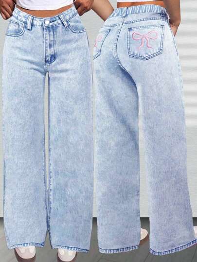 Tween Girls' Loose Fit Casual Flared Jeans With Butterfly Embroidery, Comfortable And