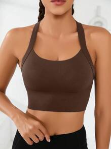 Seamless High-Elasticity And High-Support Sports Bra,Women Underwear Detachable Chest Pad With Cross-Strap Design,Women's Fitness Solid Color Simple Yoga Bra,Women Soft And Comfortable Sports Tops ,Multi-Color Options (Black/Brown/Blue/Hot Pink/Gray/Red) - 棕色 - 查看 2