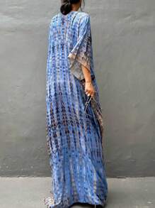 Plus Size Printed Long Beach Dress, V-Neck Batwing Sleeve Split Long Dress For Women