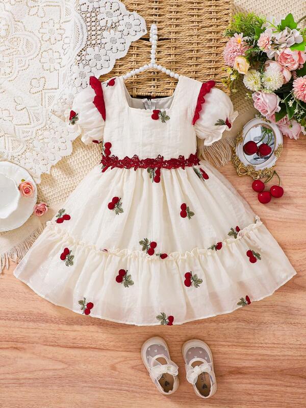 2025 Spring Summer New Princess Style Young Girl Cute Puff Sleeve Cherry Embroidery Delicate Princess Dress