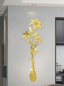 5pcs Lily Flower Mirror Wall Stickers, 4 Flower Vase Self-Adhesive Wall Art Decorative Soft Mirrors Wall Decor Room Decor
