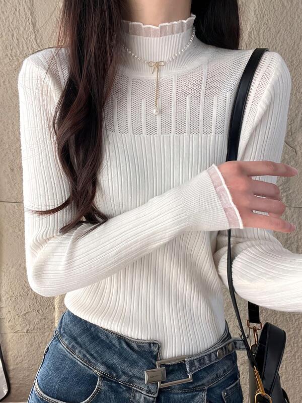 Maglione aderente in maglia con bordo in pizzo, stile francese, moda casual minimalista per uso quotidiano