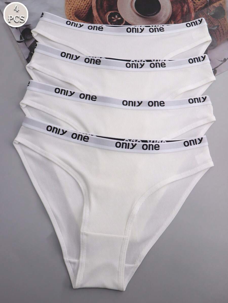 4 件装女士白色字母腰带性感运动款三角内裤 - 白色 - 查看 1