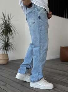 Jeans rectos clásicos para hombre con inserción de parche y bolsillos, casuales y versátiles