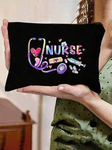 Polychrome Makeup Bag With Creative Patterns Related To The Nurse Theme, A Storage Bag With The Letter "Nurse", Which Can Store Medical , A Multifunctional Beauty Bag,Handbag, Coin Purse, Miscellaneous Storage, Medication Classification
