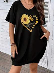 大码女式纯色 V 领短袖休闲 T 恤连衣裙