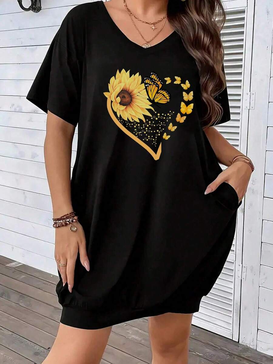 大码女式纯色 V 领短袖休闲 T 恤连衣裙