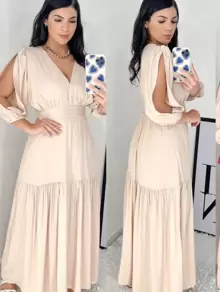 Evangelical Fashion Duna Long Dress Hollow Out, Slit Elegant Luxury Party - Màu be - Xem 1