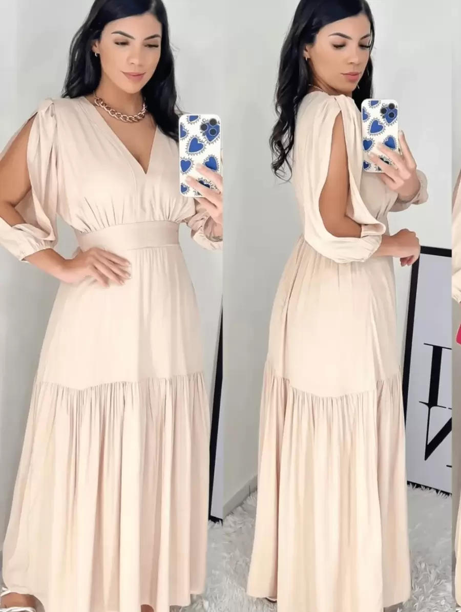 Evangelical Fashion Duna Long Dress Hollow Out, Slit Elegant Luxury Party - Màu be - Xem 1