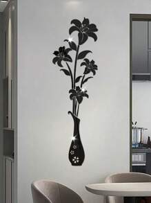 5pcs Lily Flower Mirror Wall Stickers, 4 Flower Vase Self-Adhesive Wall Art Decorative Soft Mirrors Wall Decor Room Decor