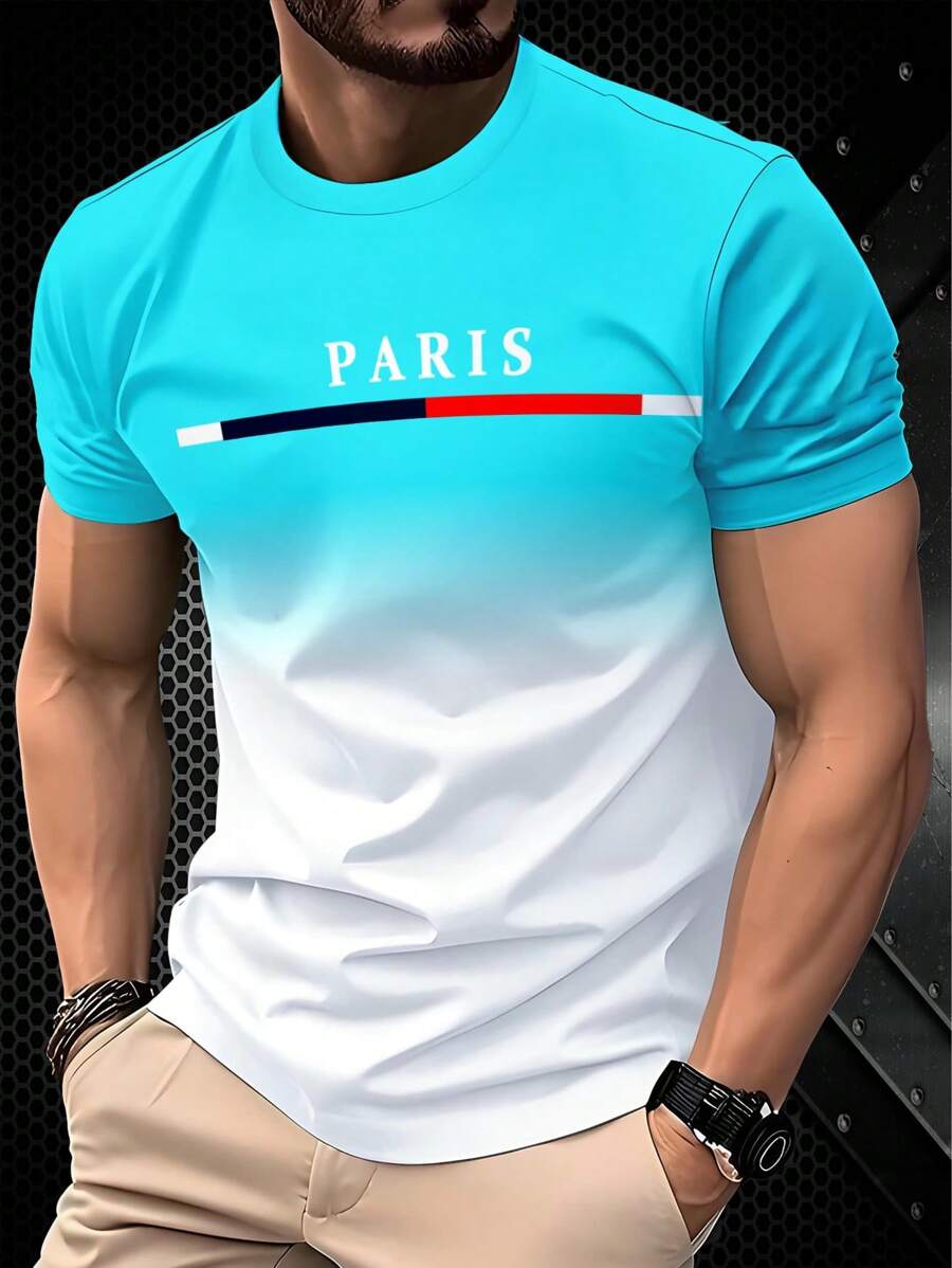 休闲短袖上衣，印有“PARIS”字样，采用蓝白渐变色设计，尽显巴黎风情，100% 涤纶。 - 黑色 - 查看 1