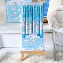 Sanrio Sanrio License 6pcss/Box My Melody & Hello Kitty & Kuromi & Cinnamoroll & Pochacco Gel Blue Pen With Large Capacity Pen Case Set - Cute Cinnamon Dog And Friends Themed Erasable Cute Pens, Erasable Ink, Made Of Plastic, Animal Design - Sanrio Characters Back To School Supplies School Essentials