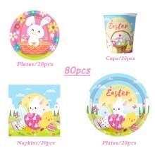 Set desechable de vajilla con temática de conejitos de pascua para fiestas de primavera - 10/20/80 piezas incluyendo vasos de papel, servilletas, platos de papel de 7/9 pulgadas, apto para fiestas de cumpleaños, reuniones familiares, reuniones de clase, picnics al aire libre