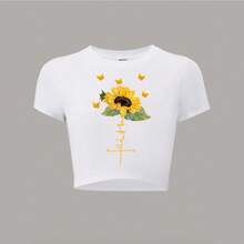 Sunny 'Faith' With Sunflower And Butterflies Crop Round Neck Short - SLeeve T - Shirts, Basic Tees, And Graphic Crop Tops Are Summer Women's Tops.
