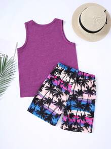 Set casual de 2 piezas: Camiseta de tirantes con estampado de árbol y pantalones cortos hawaianos de cintura elástica para niños
