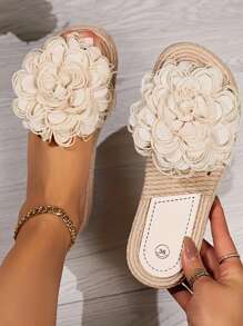 女士时尚性感花朵坡跟凉鞋，韩版，防滑厚底系带沙滩拖鞋 - 白色 - 查看 15