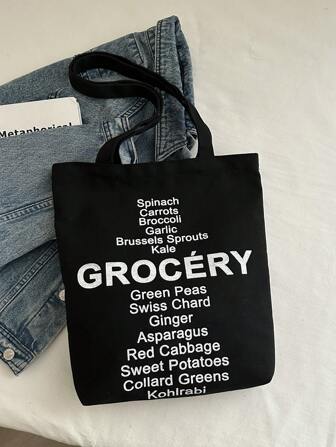 1 件女士黑色和粉色帆布手提包，大容量单肩包，带字母印花，旅行包，大学生生日礼物，购物袋