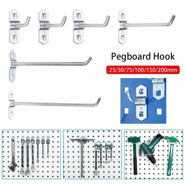 1 pezzo di Gancio da parete obliquo in acciaio per bacheca forata di 25/50/75/100/150/200 mm, accessori di ferramenta utili per scaffali, strumenti come martello/pinze, per il montaggio a parete e l&#39;organizzazione del garage
