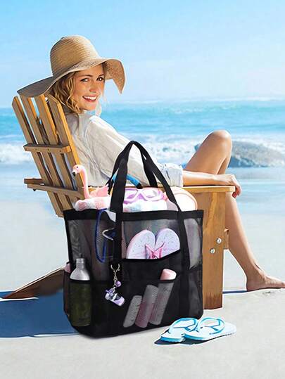 1pc Large Capacity Waterproof Beach Bag, Lightweight Foldable Beach Tote, Portable Travel Bag, Mesh Beach Bag, Multifunctional Shoulder Shopping Bag, Summer Beach Toy Storage Bag, Large Capacity Bath & Swimming Storage Bag, Bathroom Bag And Shoulder Handbag, Essential For Beach, Travel, Cruise