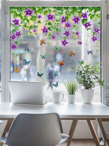 1 pieza Etiqueta autoadhesiva para ventana con patrón de flores silvestres y mariposas de colores, decoración de cristal, póster decorativo, decoración para habitación de niños/ventana del patio, calcomanía de pared de PVC removible