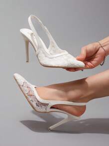Fashionable White Lace Splicing High Heel Shoes, 2025 New Summer Hollow-Out Breathable Sexy Pointed Toe Party/Wedding Women Shoes