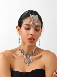 1 set de design de pièce de monnaie vintage arabe comprenant 1 chaîne de tête + 1 collier + 1 paire de boucles d'oreilles, convient aux femmes, cadeau de vacances
