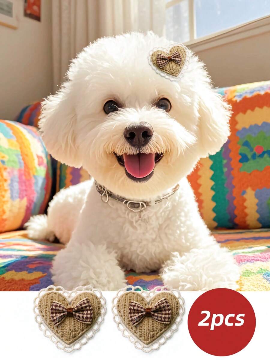 2pcs Lace Heart Plaid Bow Pet Hair Clips, Cute Accessory Headdress For Small Dog Puppy Cat Clothes