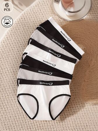 6 件装女士笑脸与字母印花透气低腰简约三角裤，女士内衣