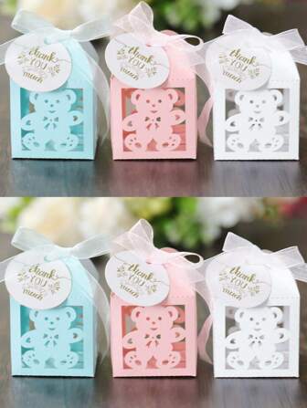 25pcs Hollow Baby Baptism Birthday Candy Boxes, Lavender Small Bear Gift Tag Packaging Boxes