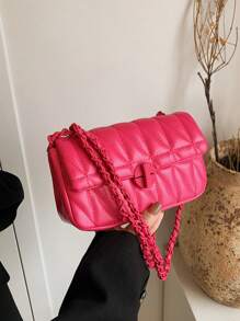 1pc Fashion Quilted Chevron Pattern Crossbody Shoulder Bag - Compact PU Material Bag For Women, With Security Twist Lock - Rose Red - View 7