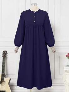 Women's Elegant & Comfortable Abaya Dress With Round Neck And Buttons, Quick Ship - Navy Blue - View 4