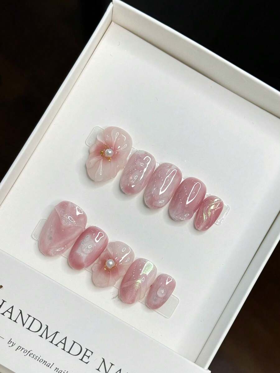 手工杏仁形粉色扎染美甲印花工具，适用于女士居家美甲护理按压式指甲美甲用品 - 粉色 - 查看 1